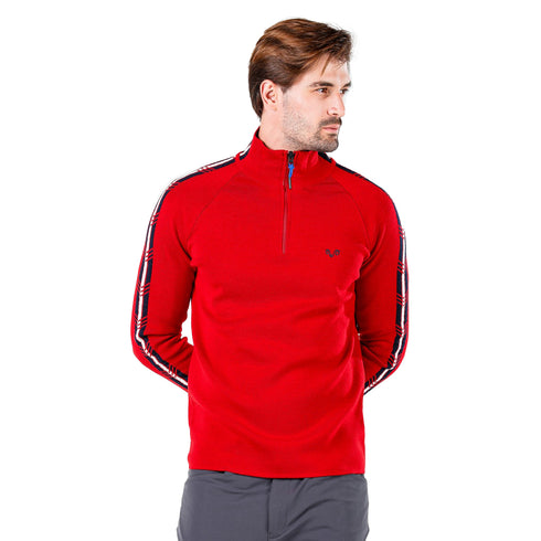 Herr in einem roten Merino-Pullover mit 1/4 Reißverschluss